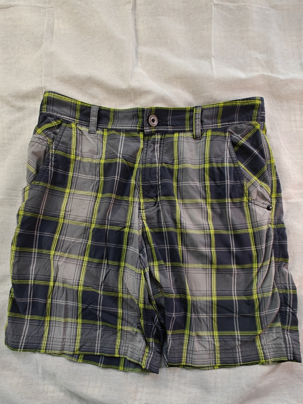 lululemon athletica Gray and Neon Yellow Plaid Flat-Front Shorts